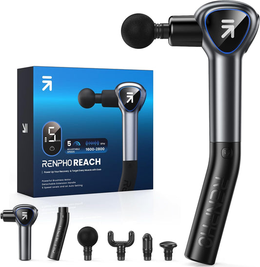 RENPHO REACH MASSAGE GUN WITH EXTENDED HANDLE BLK