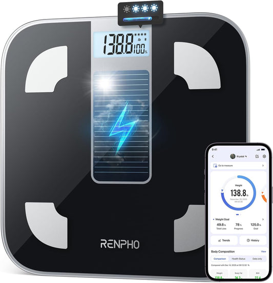 RENPHO Scale for Body Weight, Battery-Free Solar Power Digital Bathroom Smart Scale Bluetooth Body Fat Scale, Body Composition Monitor with App 400lbs