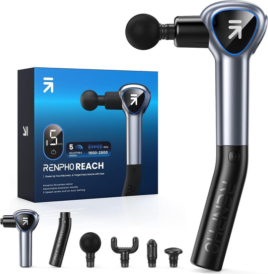 RENPHO REACH MASSAGE GUN WITH EXTENDED HANDLE BLK