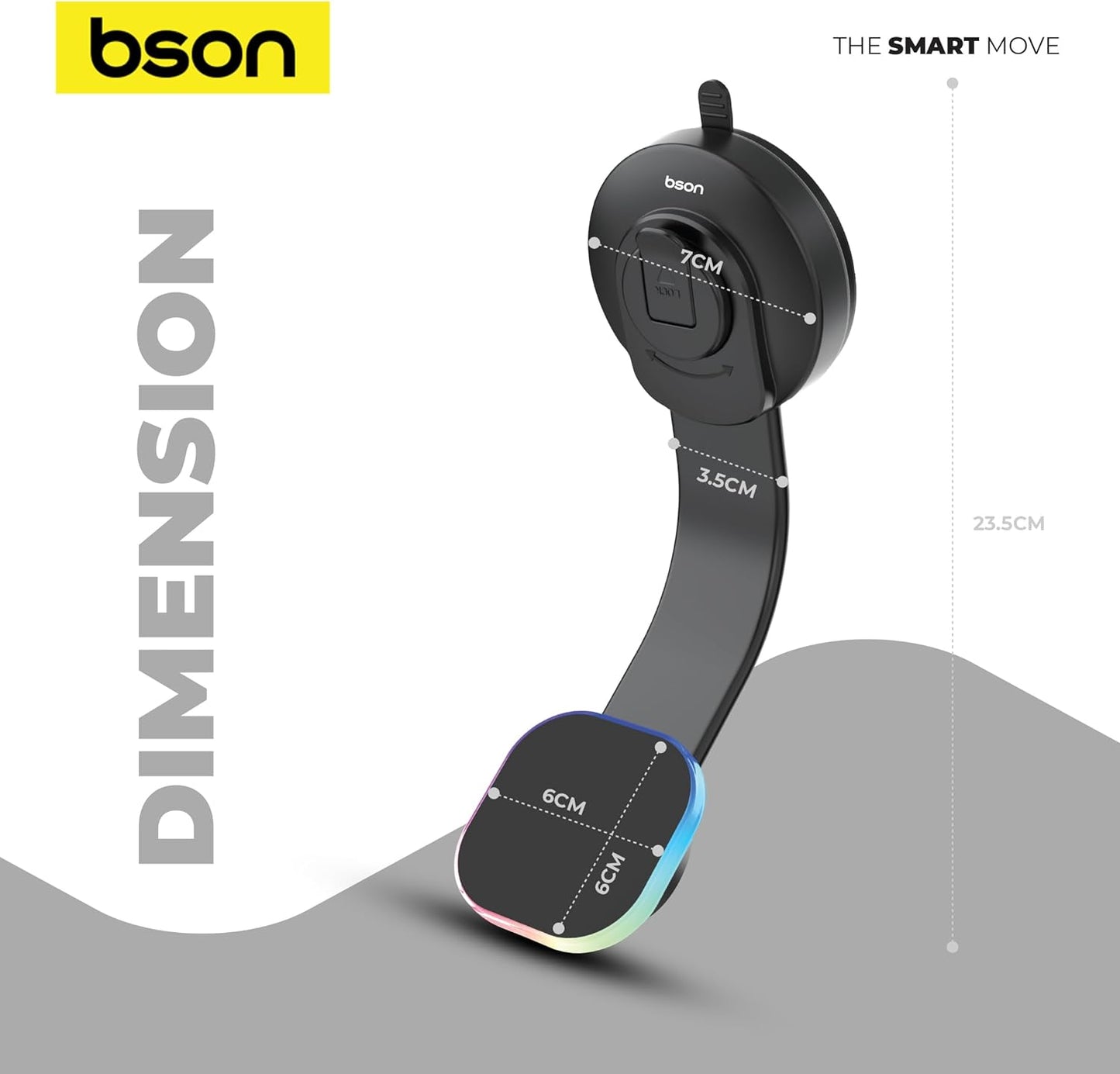 BSON WIRELESS LED PHONE HOLDER – 15W Fast Wireless Charging, MagSafe Compatible, 360° Rotation, Strong Suction, One-Hand Operation, USB-A to Type-C Cable Included