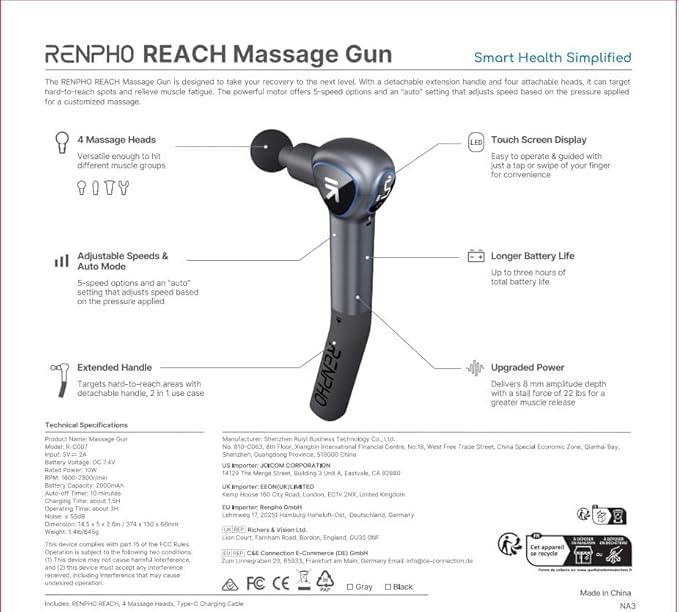 RENPHO REACH MASSAGE GUN WITH EXTENDED HANDLE BLK