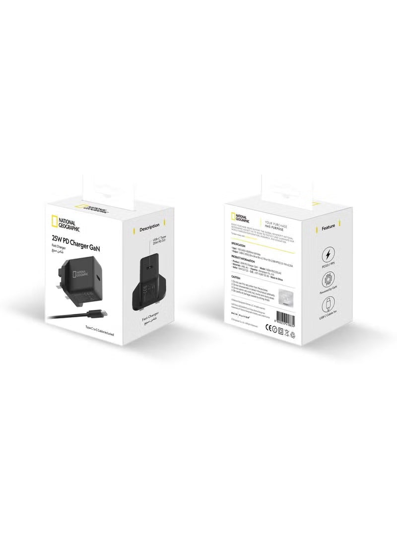 National Geographic 25W GaN USB-C Fast Charger with USB-C Cable, PD 3.0 & PPS Compact Wall Adapter for iPhone 17/16/15, Samsung Galaxy S26/S25/S24 & Android Devices