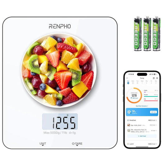 RENPHO Food Scale, Kitchen Scale for Food Ounces and Grams, Smart Cooking Calorie Scale with Timer, Nutritional Analysis with App for Keto Macro Weight Loss, White, 11lb/5kg