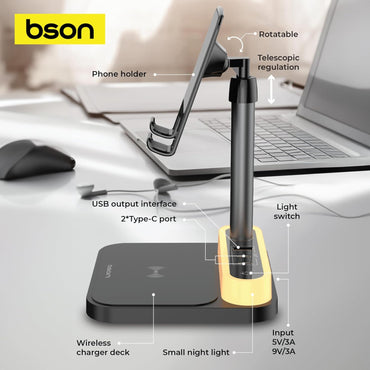 BSON WIRELESS POWER DECK - 4 CHARGING PORTS WITH 15W FAST QI WIRELESS CHARGING , ADJUSTABLE BRIGHTNESS & HEIGHT, MULTIFUNCTION DEVICE WITH SAFETY PROTECTION AND SMART CLIP COMPATIBILITY