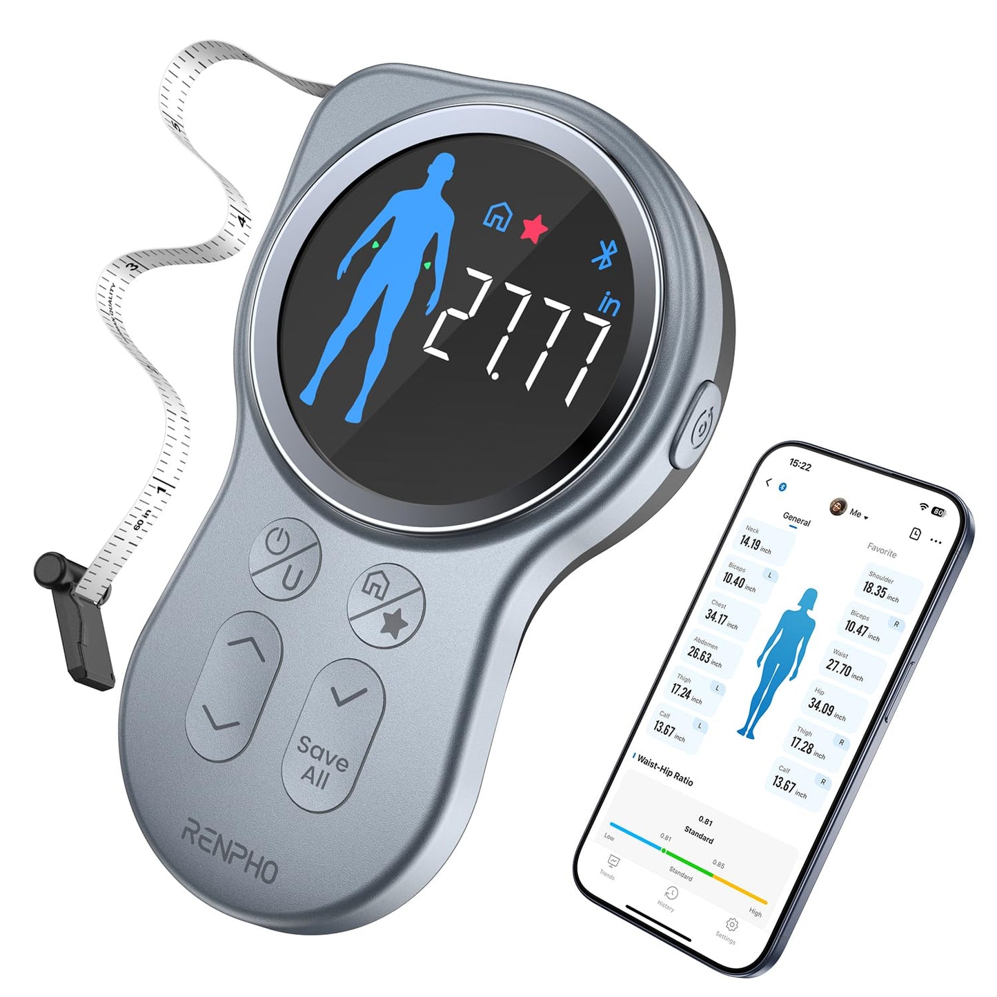 RENPHO Upgraded Body Measure Tape - Enhanced Tool for Monitoring Weight Loss, Muscle Gain, and Fitness Progress, Digital Smart Retractable Tape Measures in Both Inches and Centimeters with Precision