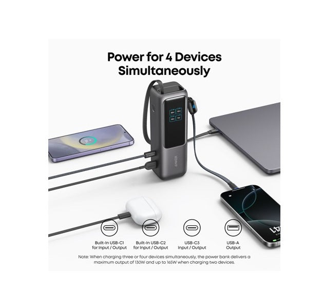 Anker A1695H11 Multi-Device Power Bank, 25000mAh, 165W, Charges Laptop + Phone + Tablet, Built-In Cables, Space Black