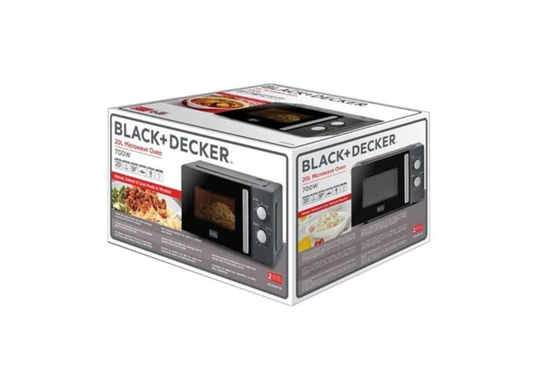 BLACK+DECKER MZ2015-B5 Microwave Oven, 20L, 700W, Rotary Dial Control, Chrome Finish, Black
