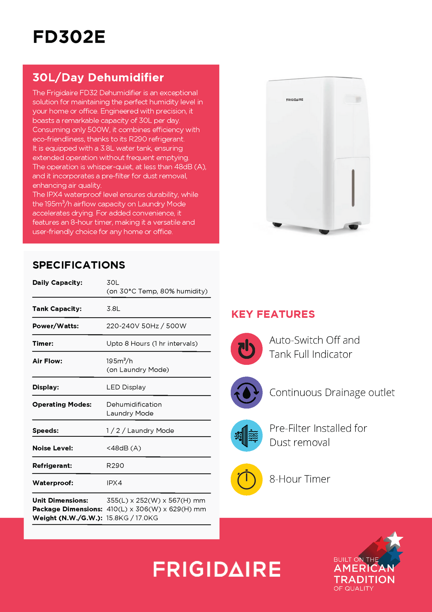 Frigidaire 30L/day Dehumidifier FD302E