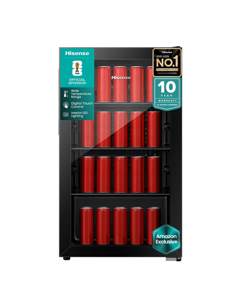 Hisense RBC122N4ASU Beverage Cooler 122L Gross / 91L Net, 69 Cans or 113 Bottles, Glass Door, Digital Touch Control, Black