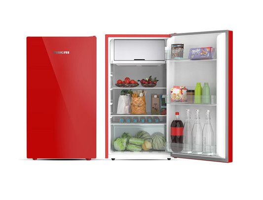Nikai NRF140GR Single Door Mini Refrigerator, 140L Gross / 90L Net, Glass Finish, Chiller Compartment, 2L Bottle Holder — Red