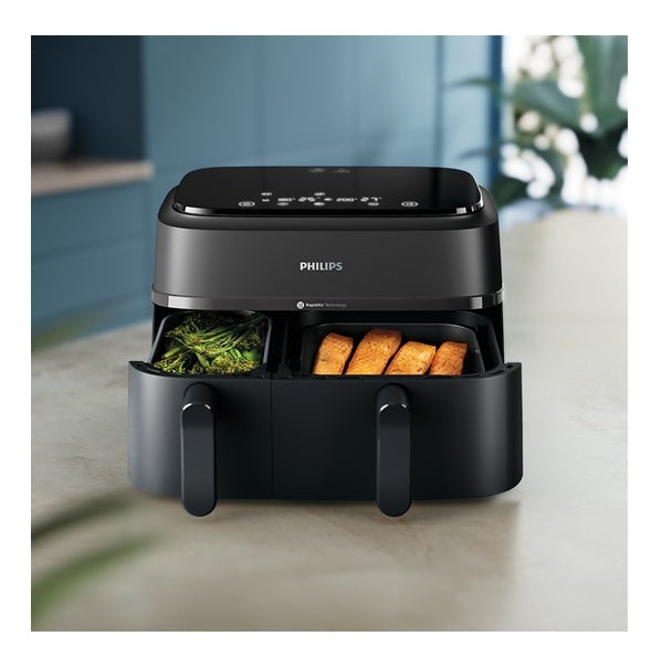 Philips 3000 Series Dual Basket Air Fryer 9L, 2750W, Touchscreen with 8 Presets, Rapid Air Technology, Black - NA350/00