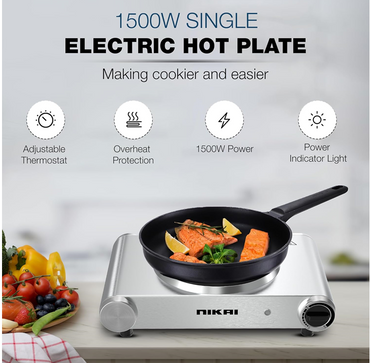 Nikai Single Hot Plate - 1500W Power, Stainless Steel Body - NKTOE4N2