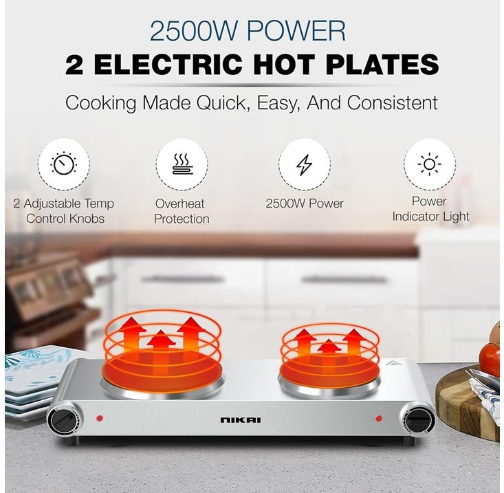 Nikai Double Hot Plate - 2500W Power, Stainless Steel Body, - NKTOE5N2
