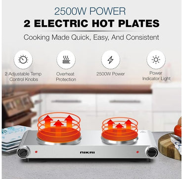 Nikai Double Hot Plate - 2500W Power, Stainless Steel Body, - NKTOE5N2