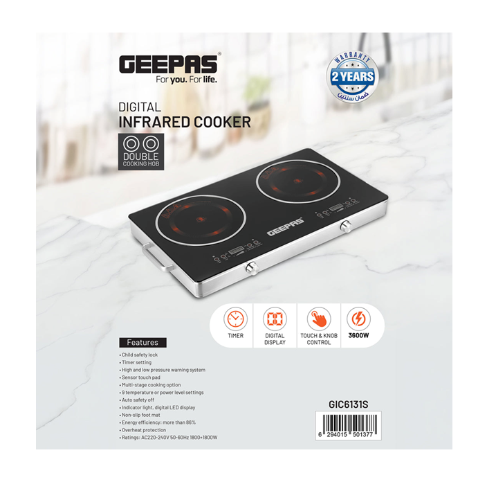 Geepas GIC6131 Double Burner Infrared Cooker, 3600W Ceramic Hob with 99-Minute Timer, 9 Heat Settings & Child Lock — Black