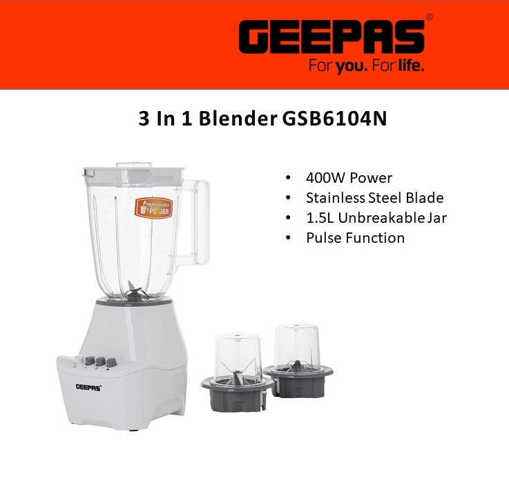 Geepas 3-in-1 Blender- GSB6104N| 400W