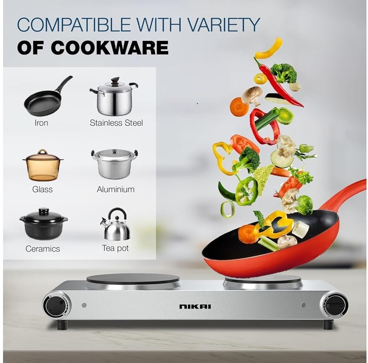 Nikai Double Hot Plate - 2500W Power, Stainless Steel Body, - NKTOE5N2