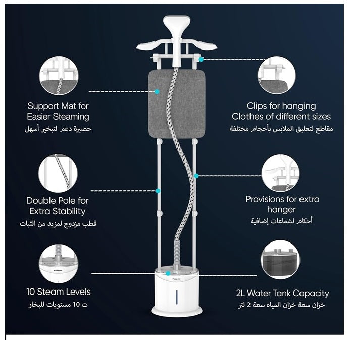 Nikai Garment Steamer 2000W, With Ironing Board & Suit Hanger, NGS892AB White