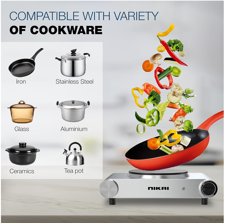 Nikai Single Hot Plate - 1500W Power, Stainless Steel Body - NKTOE4N2
