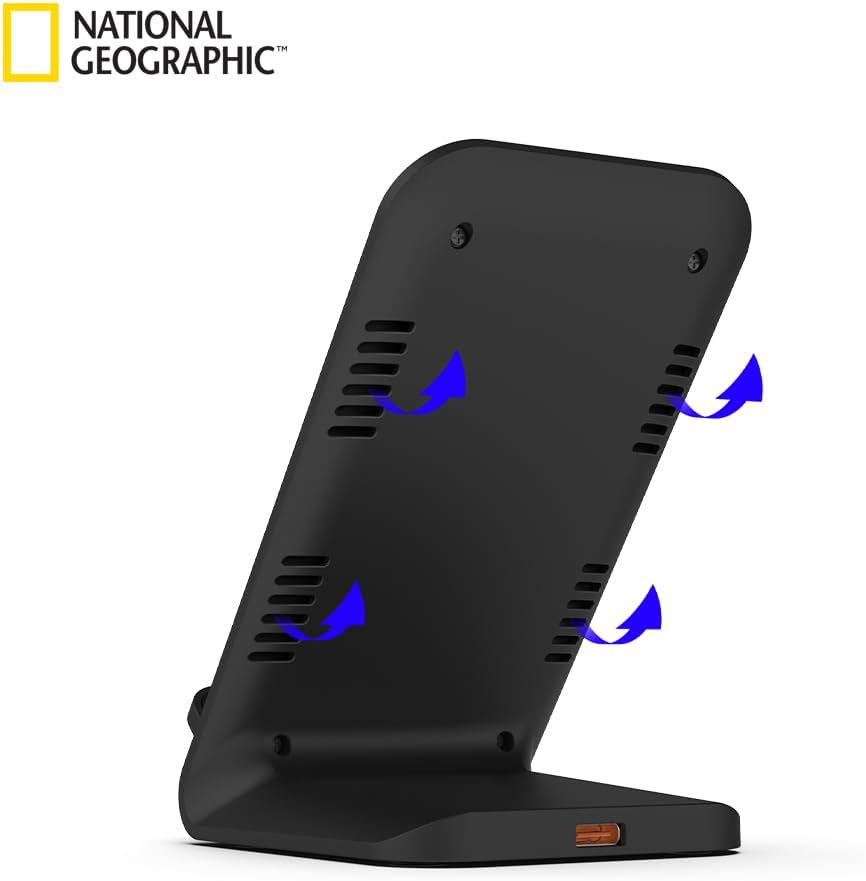 National Geographic Wireless Charger Stand-Slim 15W Fast Charge, Dual Coil, FOD Sensor, Qi Certified For iPhone 16 Pro Max/16 Pro/15/14, Samsung S25/24/S23/S22, Fold 6/5 Quick Charge