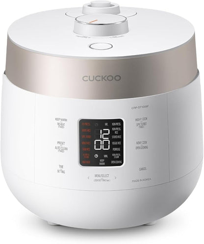 CUCKOO CRP-ST1009FW Twin Pressure Rice Cooker & Warmer, 10-Cup Uncooked/20-Cup Cooked(1.8L)|16 Menu Options|3-Language Voice Guide|Nonstick Inner Pot|Auto Clean|Smart Pressure|Korean Technology| White