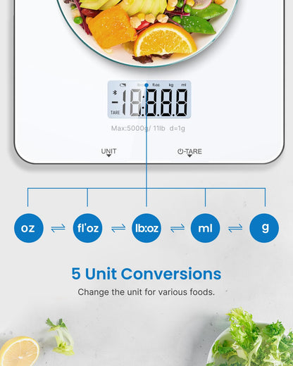 RENPHO Food Scale, Kitchen Scale for Food Ounces and Grams, Smart Cooking Calorie Scale with Timer, Nutritional Analysis with App for Keto Macro Weight Loss, White, 11lb/5kg