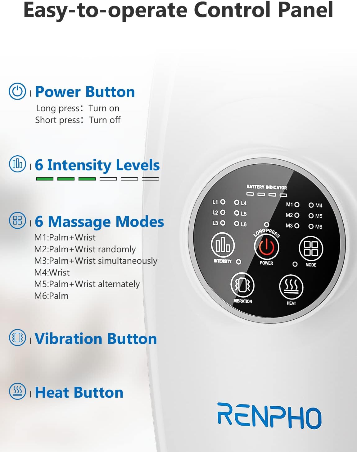 RENPHO Hand Massager with Heat, Cordless Hand Massager Machine with 6 Levels of Massage and Intensity Compression for Palm Wrist Finger Numbness Fatigue Soreness Relief