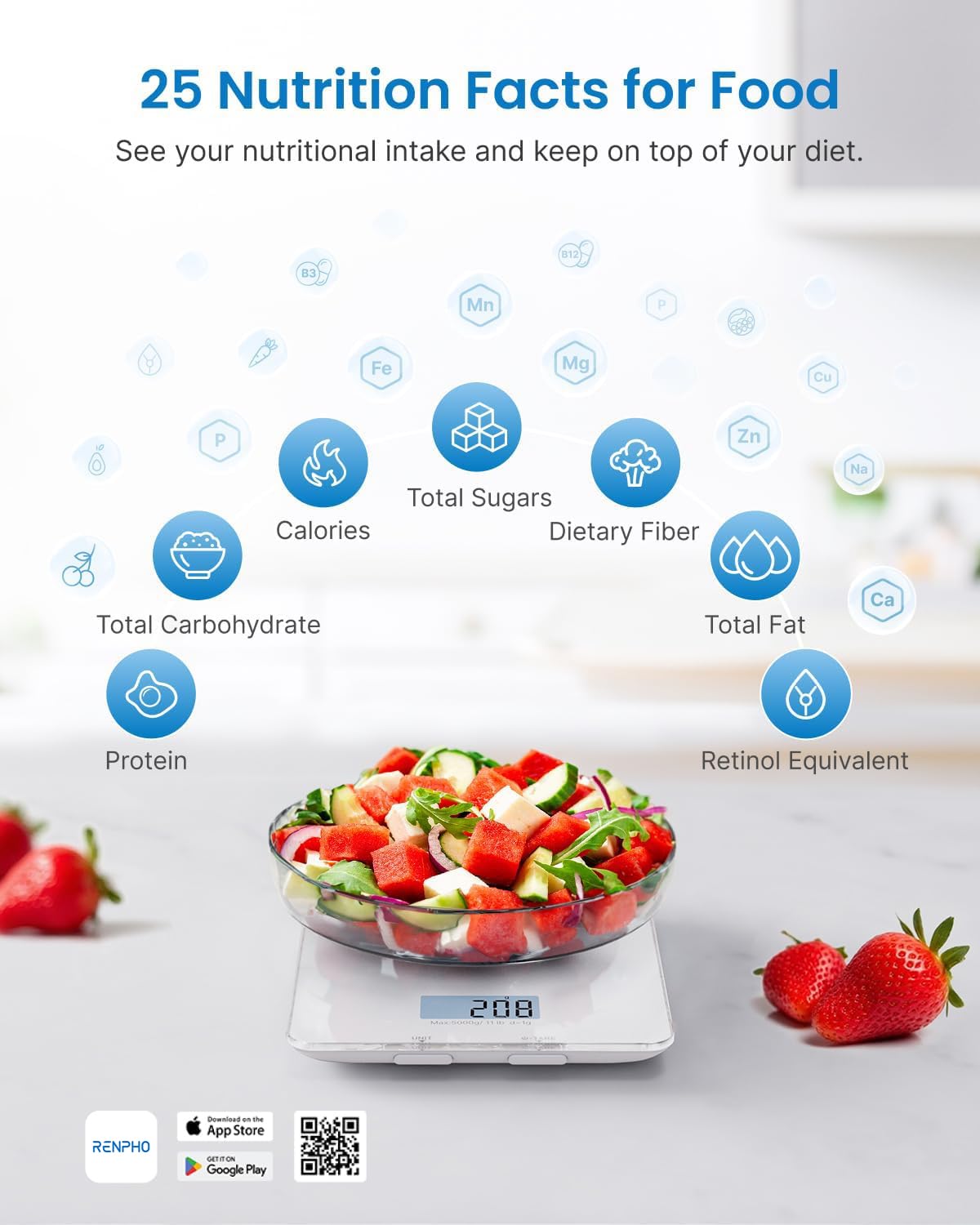 RENPHO Food Scale, Kitchen Scale for Food Ounces and Grams, Smart Cooking Calorie Scale with Timer, Nutritional Analysis with App for Keto Macro Weight Loss, White, 11lb/5kg