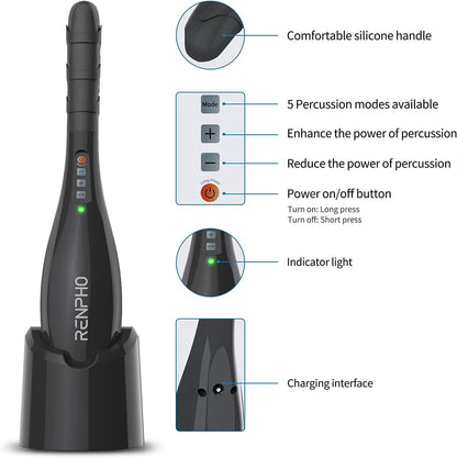 RENPHO Rechargeable Hand Held Deep Tissue Massager for Muscles, Back, FSA HSA Eligible Cordless Electric Percussion Body Massage for Foot, Neck, Shoulder, Leg, Calf Gifts for Men, B-black