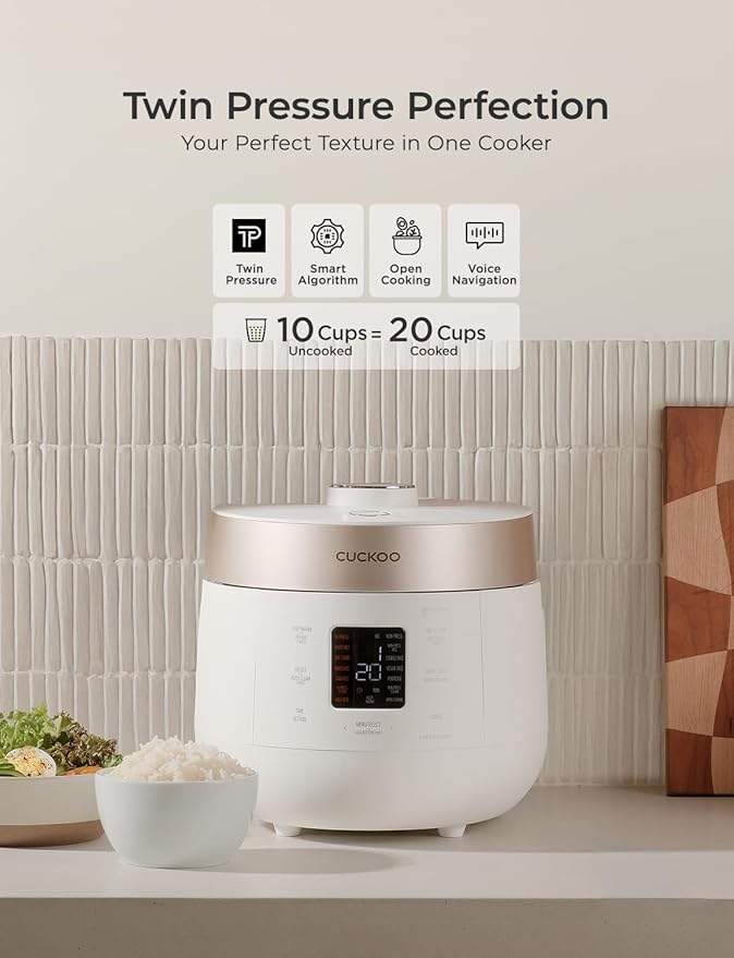 CUCKOO CRP-ST1009FW Twin Pressure Rice Cooker & Warmer, 10-Cup Uncooked/20-Cup Cooked(1.8L)|16 Menu Options|3-Language Voice Guide|Nonstick Inner Pot|Auto Clean|Smart Pressure|Korean Technology| White