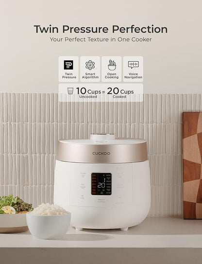 CUCKOO CRP-ST1009FW Twin Pressure Rice Cooker & Warmer, 10-Cup Uncooked/20-Cup Cooked(1.8L)|16 Menu Options|3-Language Voice Guide|Nonstick Inner Pot|Auto Clean|Smart Pressure|Korean Technology| White