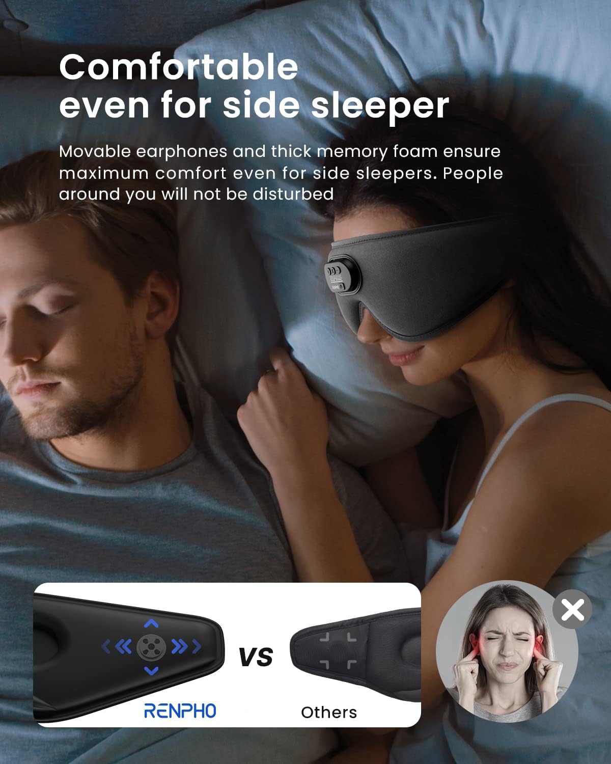 RENPHO Ultra Soft 3D Blackout Wireless Sleeping Mask for Side Sleepers, Comfort Night Eye Mask, White Noise Eye Mask, Brithday Gift