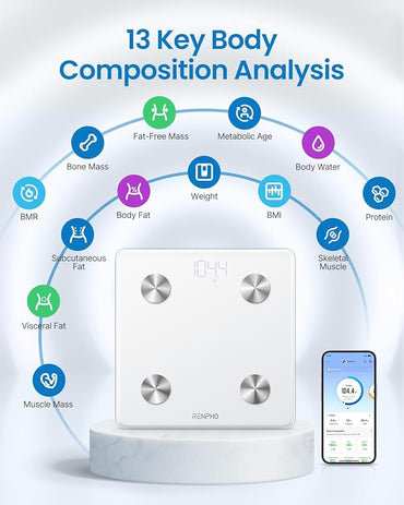 RENPHO Smart Scale for Body Weight Health Analyzer With Smart App 4 high sensitive electrodes 13 Body Composition WHITE