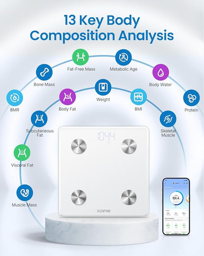 RENPHO Smart Scale for Body Weight Health Analyzer With Smart App 4 high sensitive electrodes 13 Body Composition WHITE