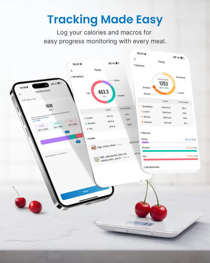 RENPHO Food Scale, Kitchen Scale for Food Ounces and Grams, Smart Cooking Calorie Scale with Timer, Nutritional Analysis with App for Keto Macro Weight Loss, White, 11lb/5kg