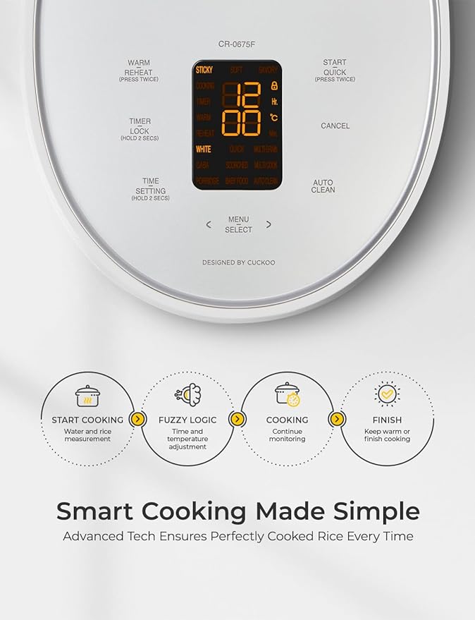 CUCKOO CR-0675F Micom Rice Cooker 6-Cup (1.08L), 13 Cooking Functions: White Rice, Brown Rice, Quinoa, Oatmeal & More | Touch Screen | Nonstick Inner Pot | Smart Cooking | Korean Technology – White