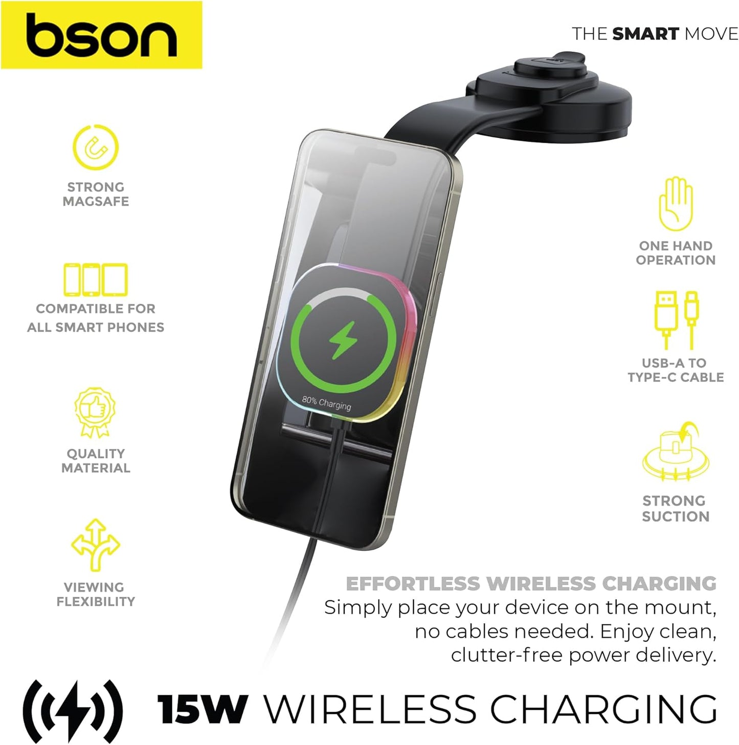 BSON WIRELESS LED PHONE HOLDER – 15W Fast Wireless Charging, MagSafe Compatible, 360° Rotation, Strong Suction, One-Hand Operation, USB-A to Type-C Cable Included