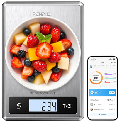 RENPHO Smart Food Scale, Digital Kitchen Scale for Food Ounces and Grams, Coffee Weight Scale with Nutritional Calculator APP for Keto, Macro, Calorie, Weight Loss, Precise Graduation, Stainless Steel