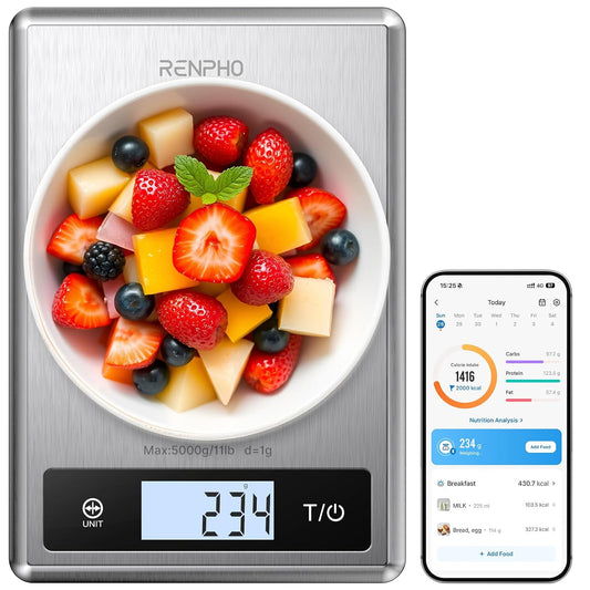 RENPHO Smart Food Scale, Digital Kitchen Scale for Food Ounces and Grams, Coffee Weight Scale with Nutritional Calculator APP for Keto, Macro, Calorie, Weight Loss, Precise Graduation, Stainless Steel
