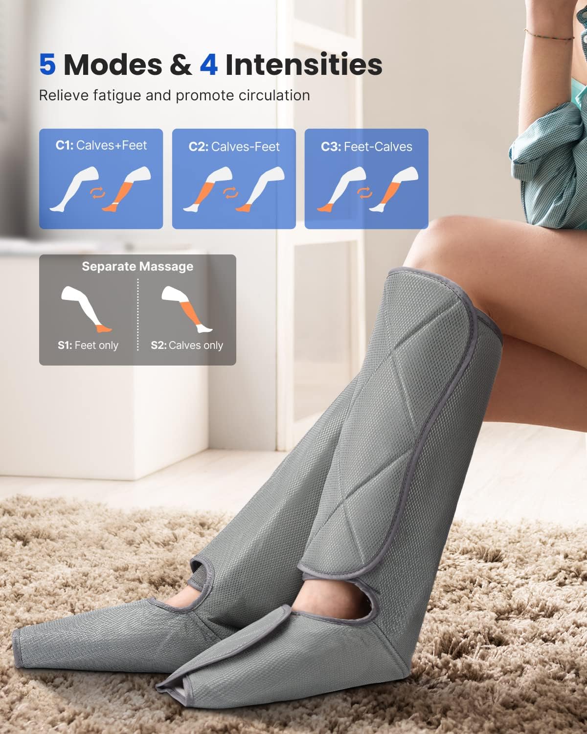 RENPHO Leg Massager for Circulation and Relaxation, Foot and Calf Massager Machine with 5 Modes 4 Intensities