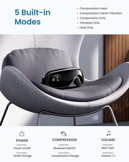 RENPHO Eye Massager with Heat & Bluetooth Music, Rechargeable Eye Care Machine with 5 Modes Black