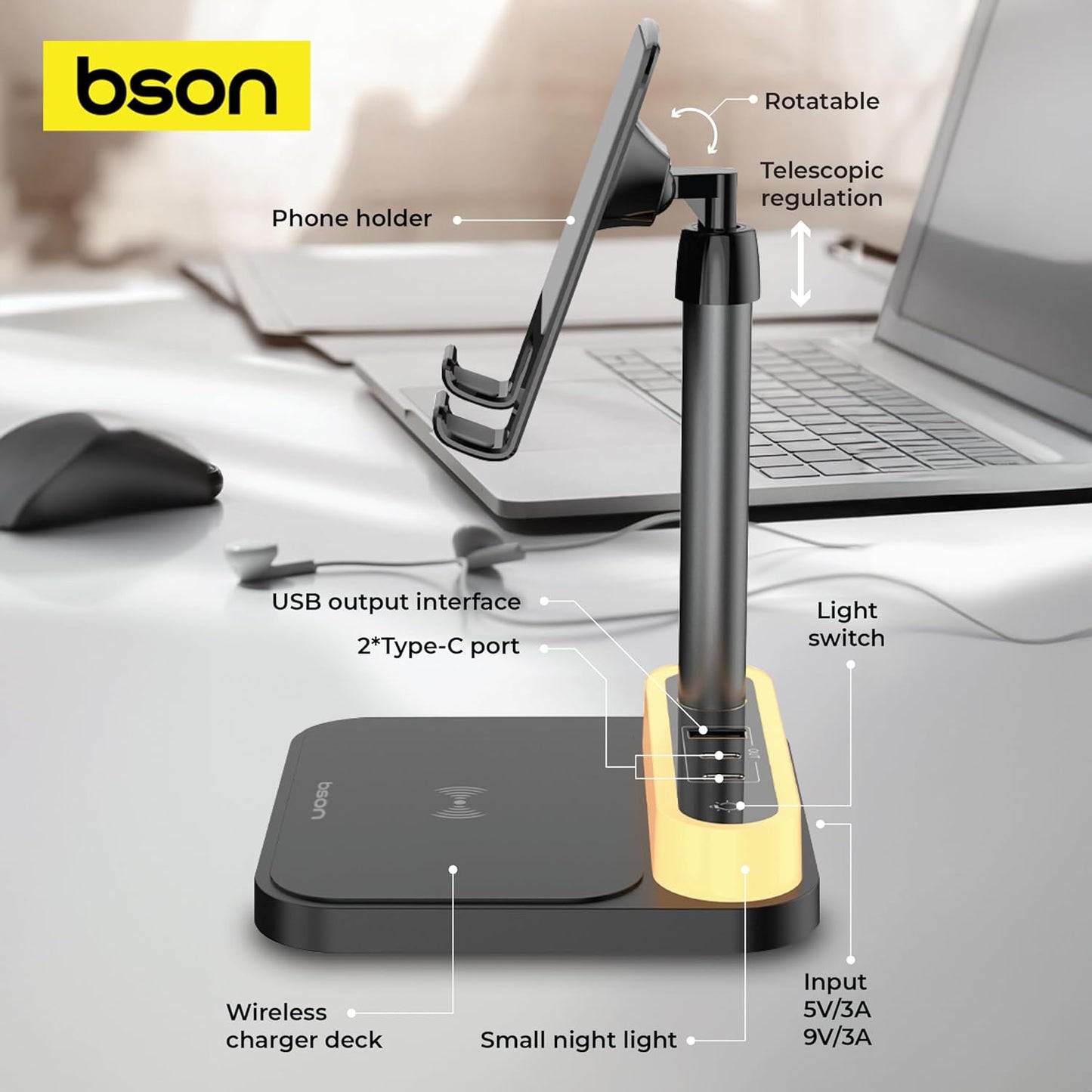 BSON WIRELESS POWER DECK - 4 CHARGING PORTS WITH 15W FAST QI WIRELESS CHARGING , ADJUSTABLE BRIGHTNESS & HEIGHT, MULTIFUNCTION DEVICE WITH SAFETY PROTECTION AND SMART CLIP COMPATIBILITY
