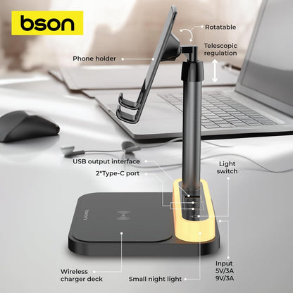BSON WIRELESS POWER DECK - 4 CHARGING PORTS WITH 15W FAST QI WIRELESS CHARGING , ADJUSTABLE BRIGHTNESS & HEIGHT, MULTIFUNCTION DEVICE WITH SAFETY PROTECTION AND SMART CLIP COMPATIBILITY