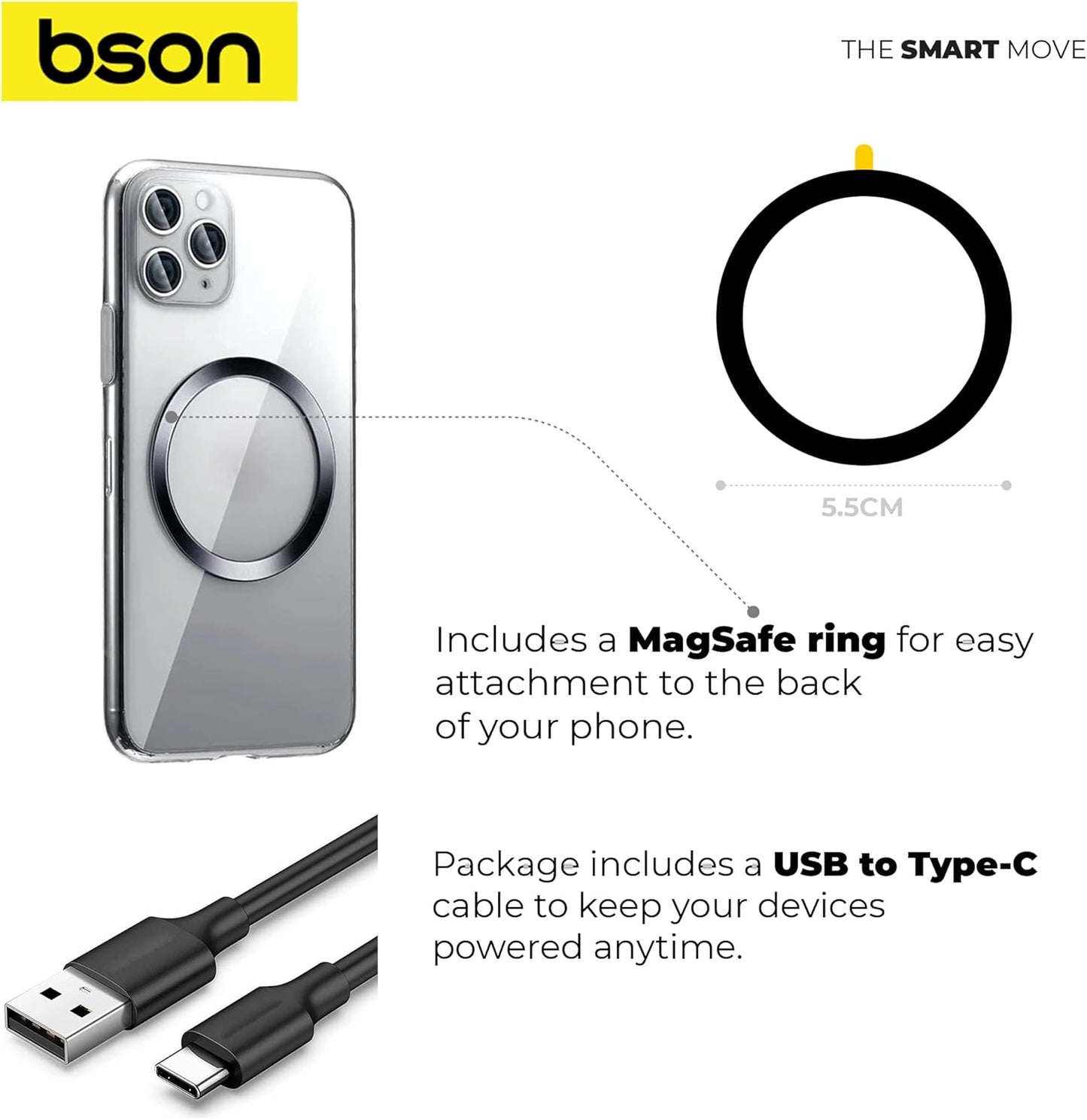 BSON WIRELESS LED PHONE HOLDER – 15W Fast Wireless Charging, MagSafe Compatible, 360° Rotation, Strong Suction, One-Hand Operation, USB-A to Type-C Cable Included