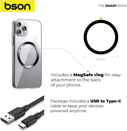 BSON WIRELESS LED PHONE HOLDER – 15W Fast Wireless Charging, MagSafe Compatible, 360° Rotation, Strong Suction, One-Hand Operation, USB-A to Type-C Cable Included
