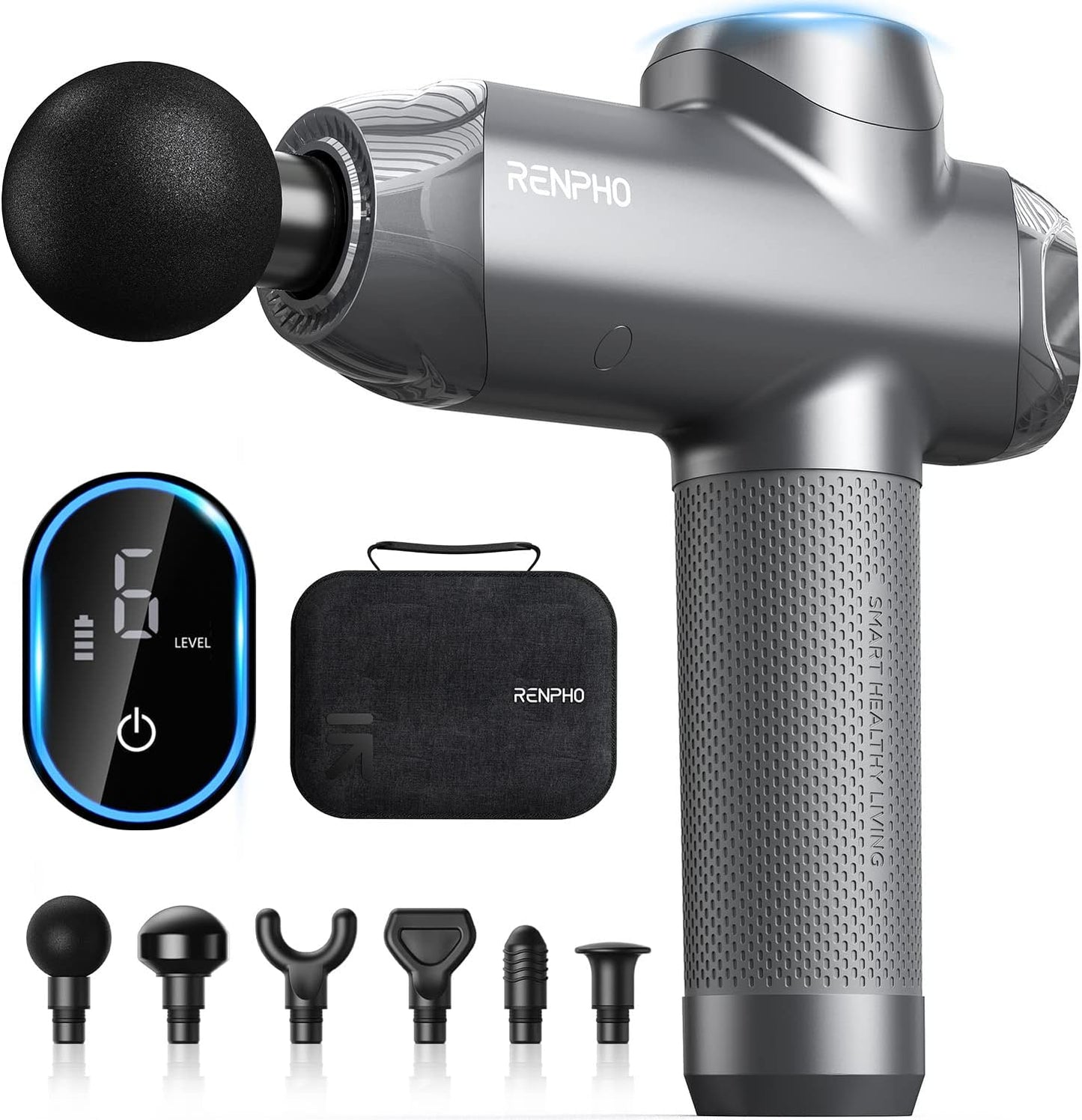 RENPHO R3 Power Upgrade Massage Gun Deep Tissue, 2022 New Percussion Muscle Massage Gun for Athletes, Powerful Portable Electric Handheld Deep Tissue Massager Gun, LED Touch Display, Grey