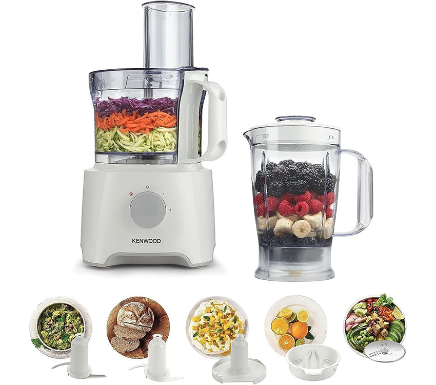 KENWOOD Food Processor 800W Multi-Functional with Reversible Stainless Steel Disk, Blender, Whisk, Dough Maker, Citrus Juicer FDP303WH White