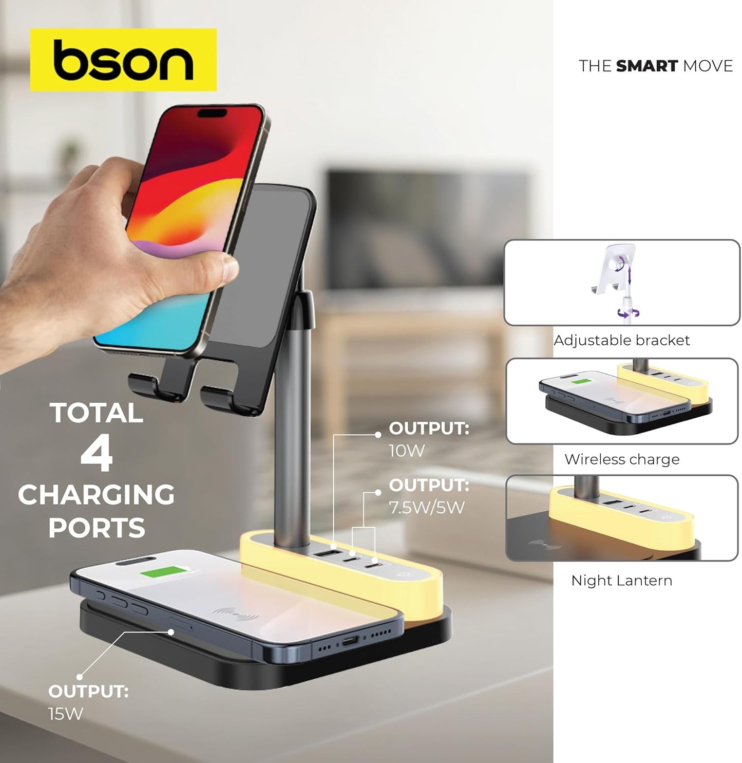 BSON WIRELESS POWER DECK - 4 CHARGING PORTS WITH 15W FAST QI WIRELESS CHARGING , ADJUSTABLE BRIGHTNESS & HEIGHT, MULTIFUNCTION DEVICE WITH SAFETY PROTECTION AND SMART CLIP COMPATIBILITY