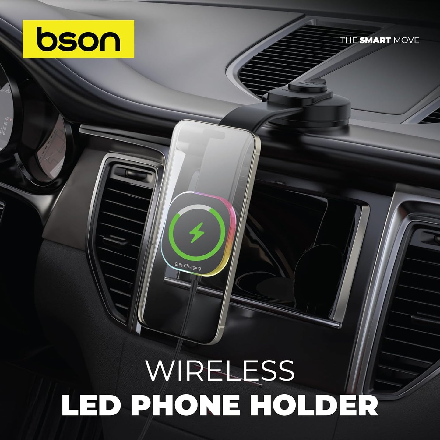 BSON WIRELESS LED PHONE HOLDER – 15W Fast Wireless Charging, MagSafe Compatible, 360° Rotation, Strong Suction, One-Hand Operation, USB-A to Type-C Cable Included