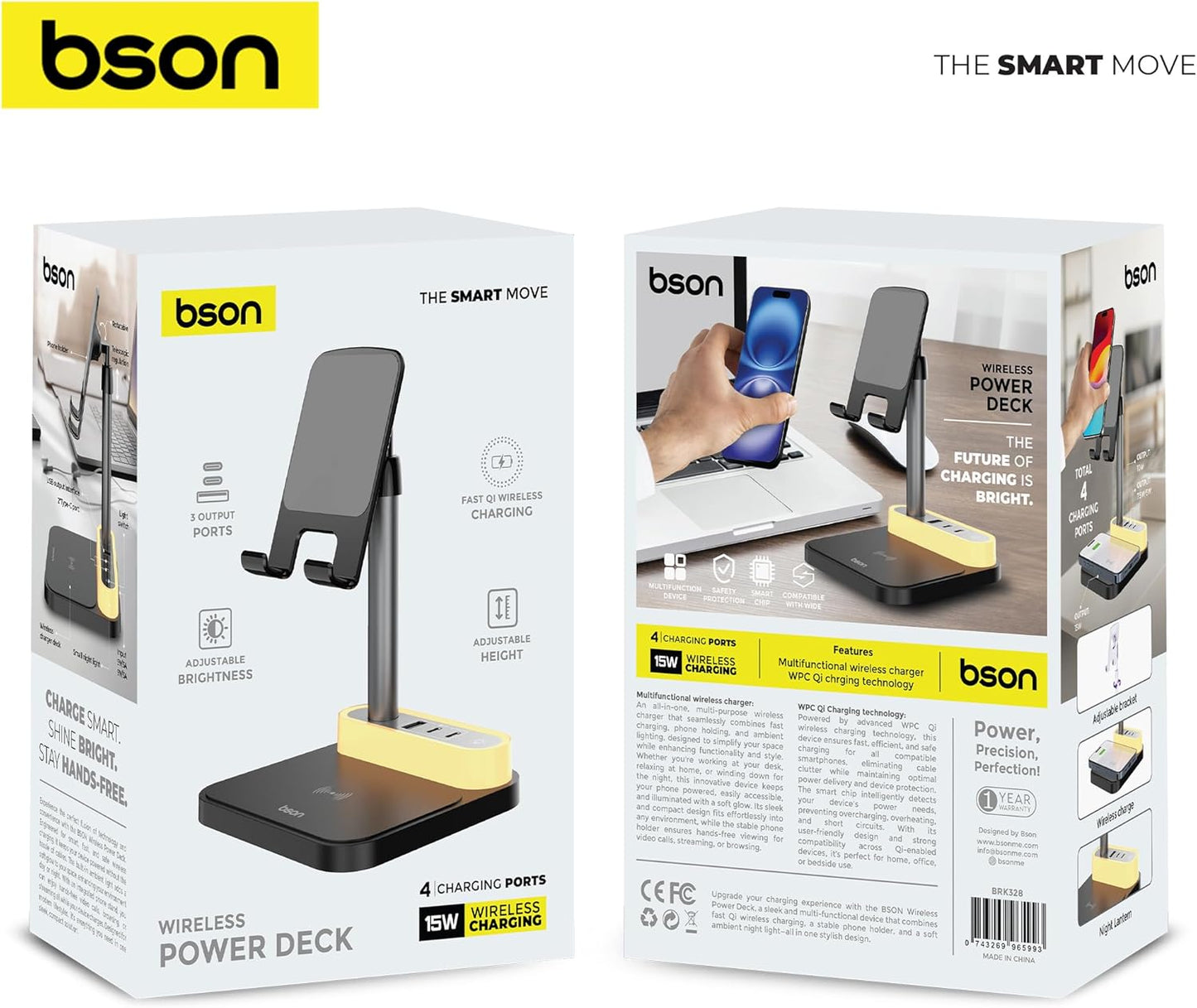 BSON WIRELESS POWER DECK - 4 CHARGING PORTS WITH 15W FAST QI WIRELESS CHARGING , ADJUSTABLE BRIGHTNESS & HEIGHT, MULTIFUNCTION DEVICE WITH SAFETY PROTECTION AND SMART CLIP COMPATIBILITY